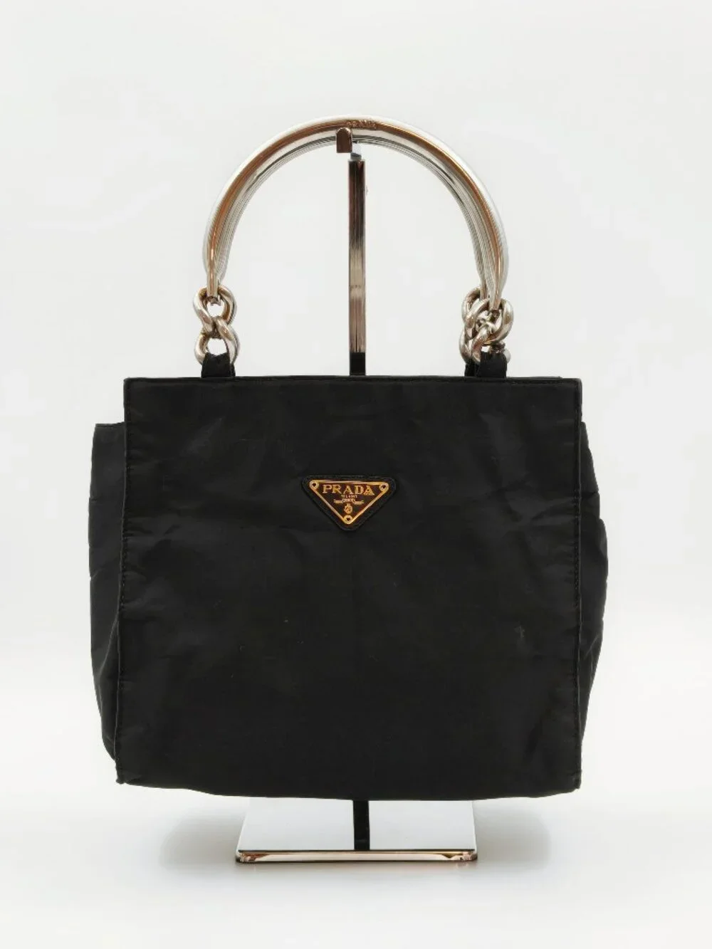 Prada Black Nylon Mini Tote Bag Silver Chain Handle Triangle Logo
